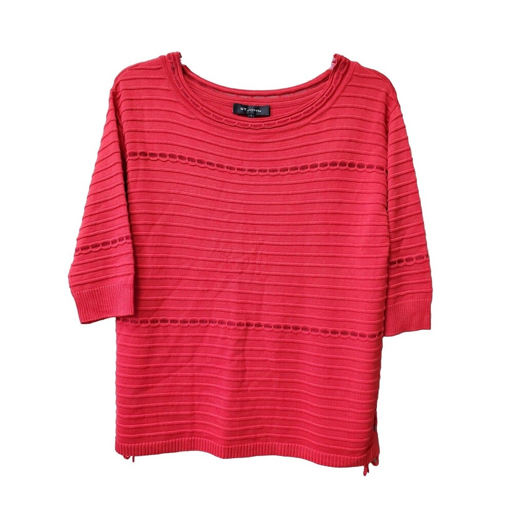 St. John Red Wool Cashmere Blend Ribbed Knit 3/4 Sleeve Blouse Sz Small Side-Tie